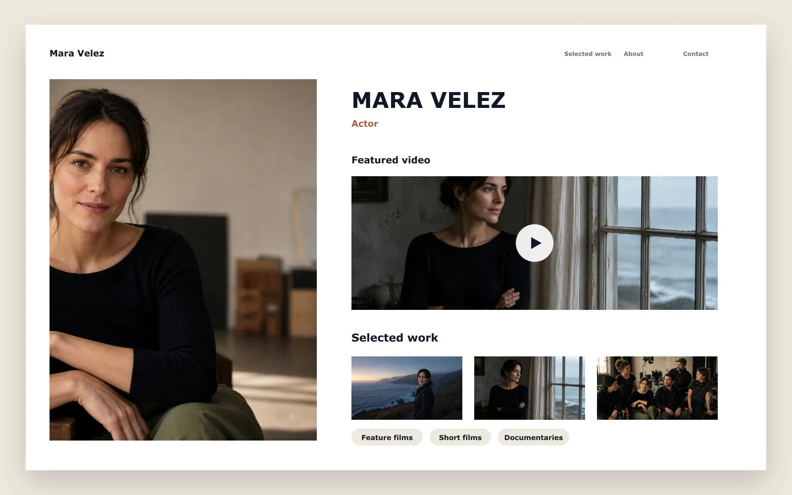 Mara Velez actor portfolio website with featured video and selected work