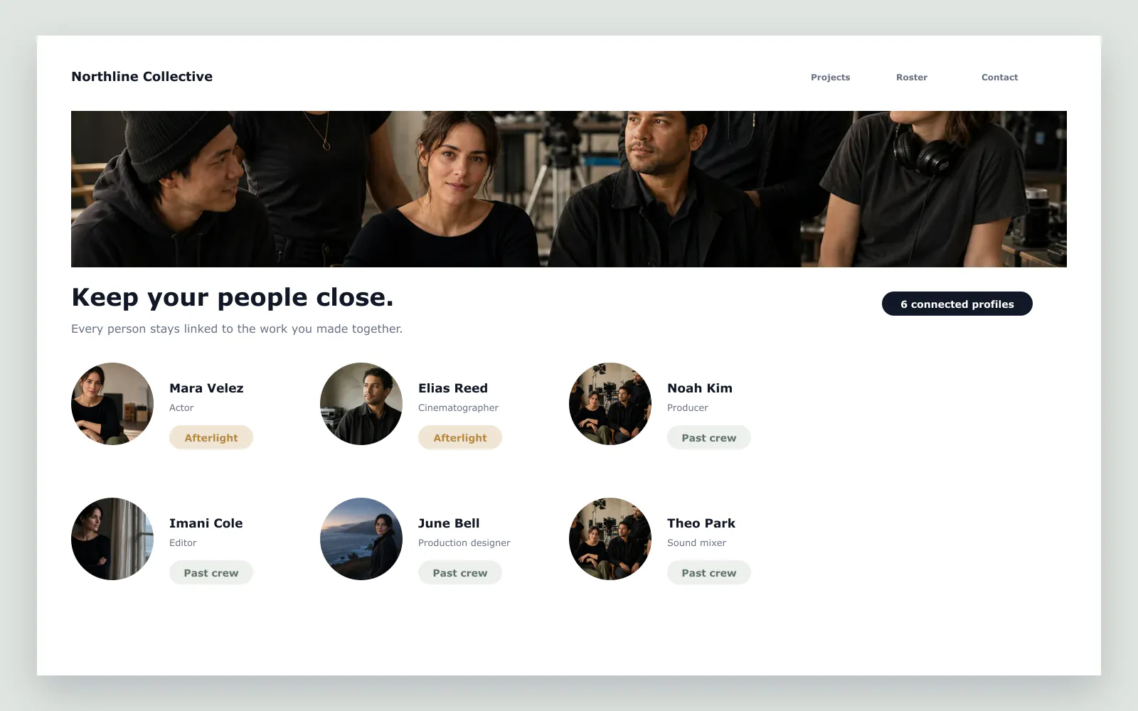 A crew roster website linking six people to shared projects and past work