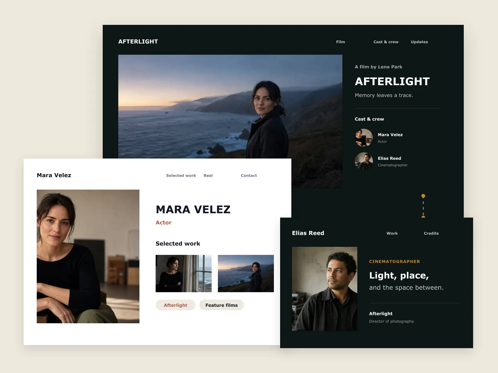 Connected websites for the Afterlight film, actor Mara Velez, and cinematographer Elias Reed