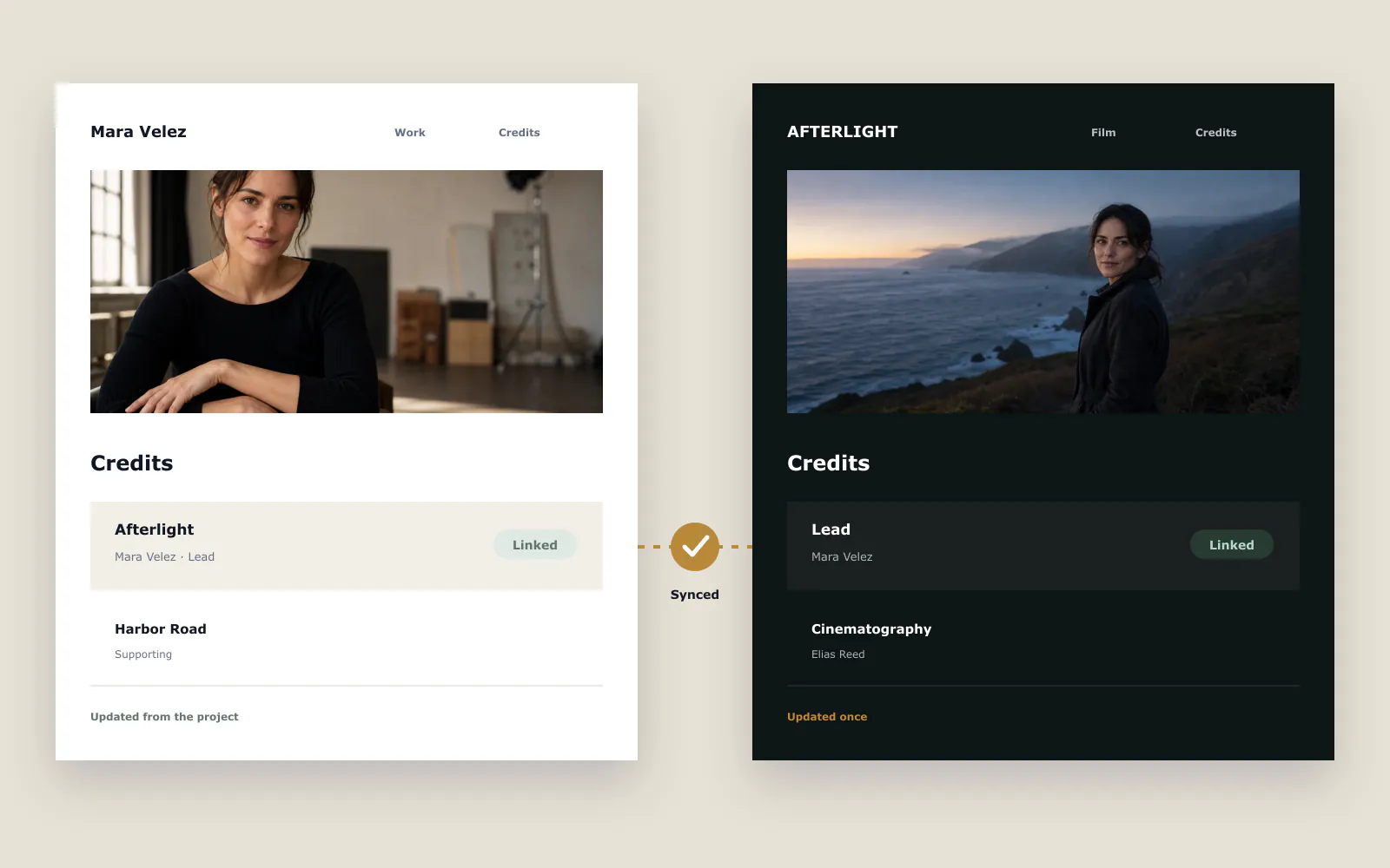 The same Afterlight credit synchronized between a project website and an actor website