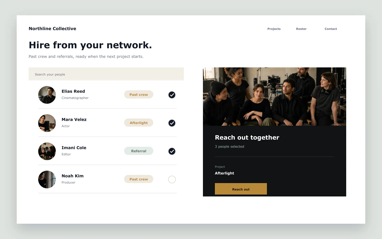 A connected crew website selecting past collaborators and referrals for outreach