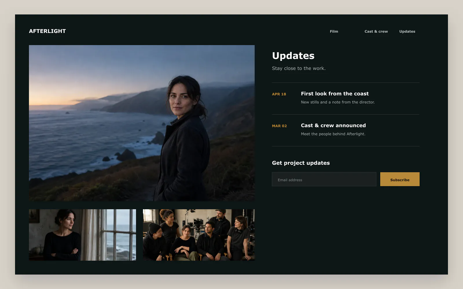 Afterlight project website with news updates and an audience subscription form