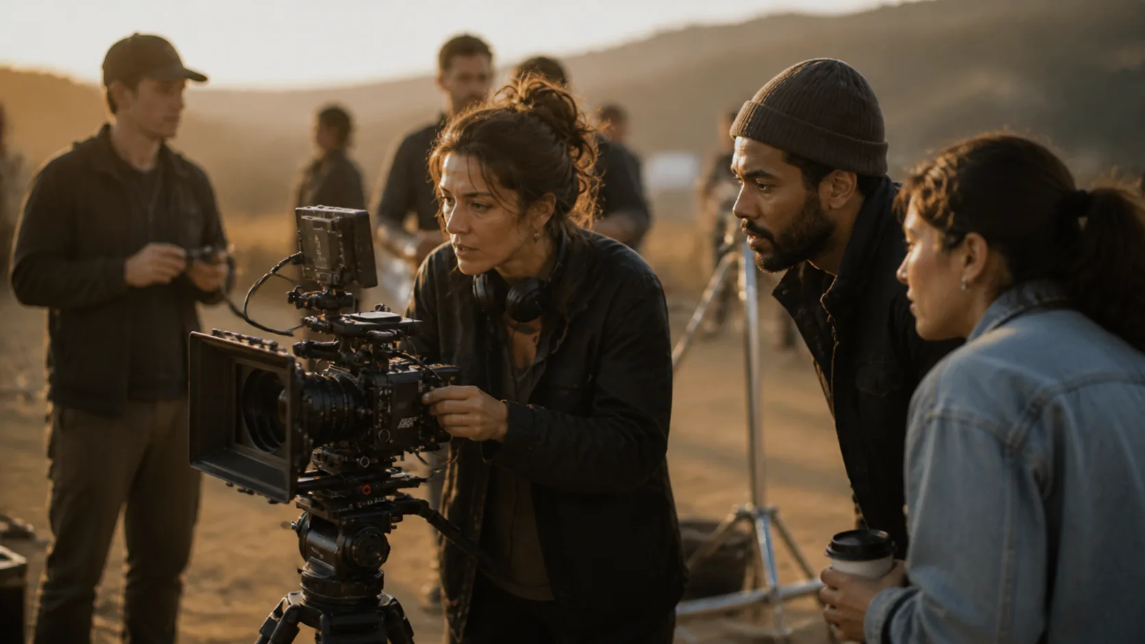 A cinematographer and crew reviewing a shot together at golden hour