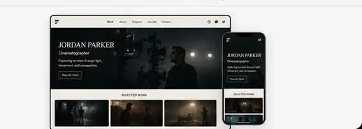 A generated example of a filmmaker portfolio website displayed on desktop and mobile