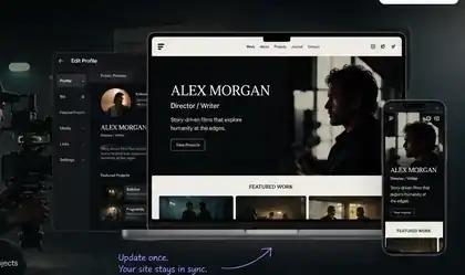 A generated Filmclusive product concept showing the profile to website publishing workflow